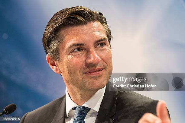 Bank Austria Board Member Robert Zadrazil attends the press conference prior to the Unicredit UEFA Champions League Trophy Tour on October 2, 2014 in...