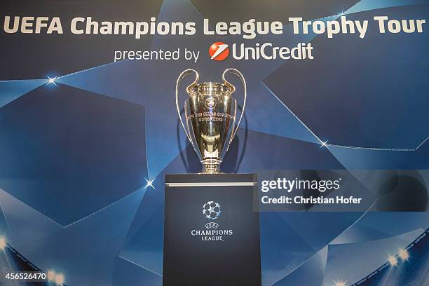 The UEFA Champions League Trophy is displayed during the press conference prior to the Unicredit UEFA Champions League Trophy Tour on October 2, 2014...