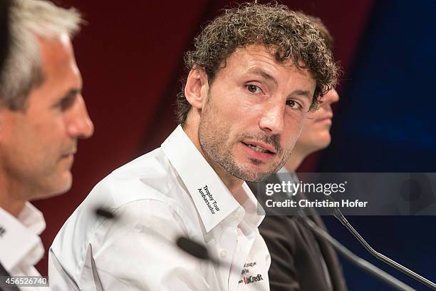 Ambassador Mark van Bommel attends the press conference prior to the Unicredit UEFA Champions League Trophy Tour on October 2, 2014 in Vienna,...