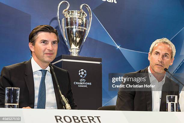 Bank Austria Board Member Robert Zadrazil and UEFA Ambassador Michael Konsel attend the press conference prior to the Unicredit UEFA Champions League...