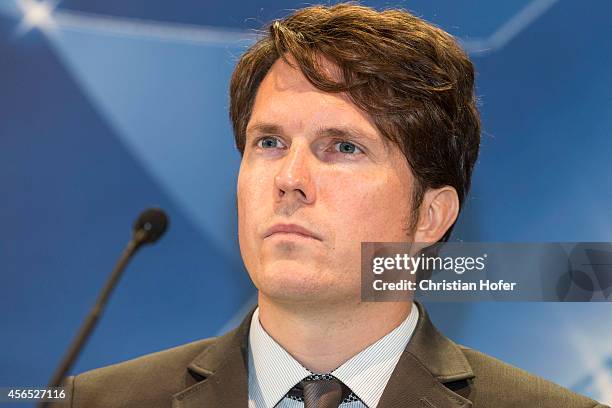 Media & PR Officer Lars Ellensohn attends the press conference prior to the Unicredit UEFA Champions League Trophy Tour on October 2, 2014 in Vienna,...