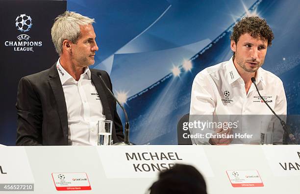 Ambassador Michael Konsel and UEFA Ambassador Mark van Bommel attend the press conference prior to the Unicredit UEFA Champions League Trophy Tour on...