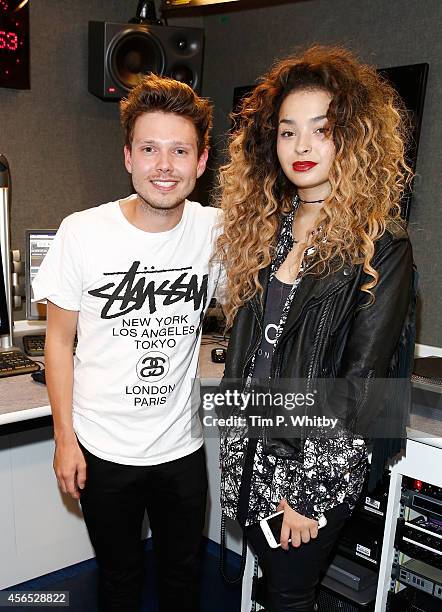 Will Manning interviews Ella Eyre during a visit to Kiss FM Studio's on October 2, 2014 in London, England.