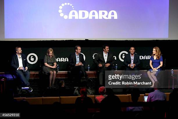 Seth Rogin, Michele Tobin, Paul Caine, Ned Brody, Andy Wiedlin and Julia Boorstin speak onstage at CNBC's Masters of Monetization panel during AWXI...