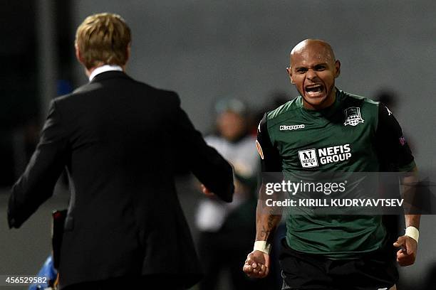 Krasnodar's Ari celebrates after scoring a goal during UEFA Europe League group H football match between FC Krasnodar and FC Everton in Krasnodar on...