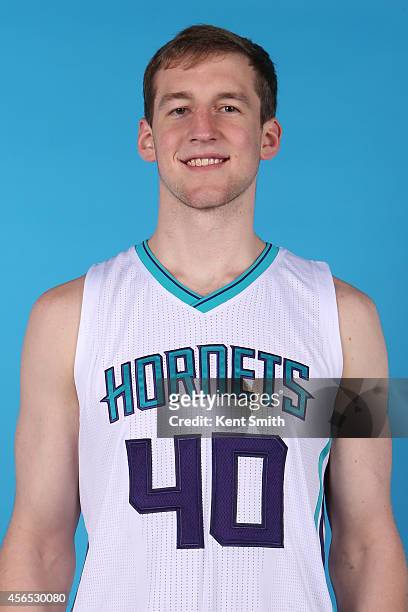 Cody Zeller of the Charlotte Hornets poses for a portrait during 2014 NBA Media Day on September 29, 2014 at Charlotte, North Carolina. NOTE TO USER:...