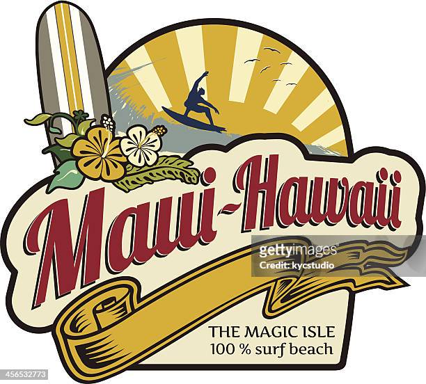 surf label maui-hawaii holidays - surfboard stock illustrations