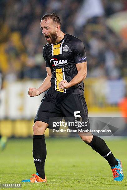 Mijat Maric of Lokeren celebrates victory after the Group L UEFA Europa League match between Koninklijke Sporting Club Lokeren Oost Vlaanderen and FC...