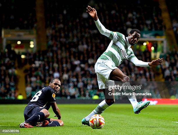 Efe Ambrose of Celtic and Wilson Eduardo of Dinamo Zagreb challenge during the UEFA Europa League group D match between Celtic and Dinamo Zagreb at...