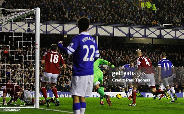 Seamus Coleman of Everton scores his team's second goal during the Barclays Premier League match between Everton and Fulham at Goodison Park on...