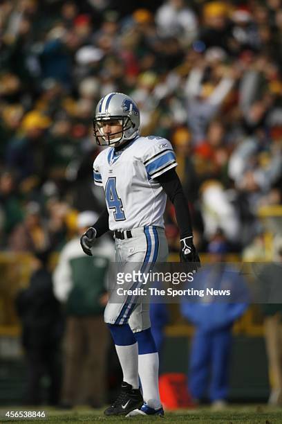Jason Hanson of the Detroit Lions standing on the field during a game against the Green Bay Packers on December 17, 2006 at Lambeau Field in Green...
