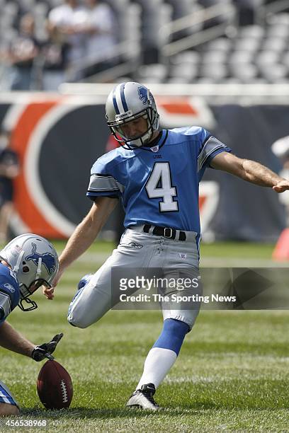 Jason Hanson of the Detroit Lions kicks a field goal during warm-ups before a game against the Chicago Bears on September 17, 2006 at Soldier Field...