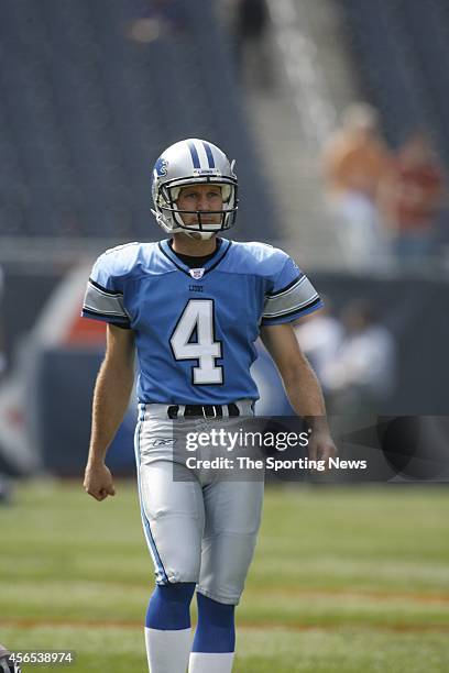 Jason Hanson of the Detroit Lions kicks a field goal during warm-ups before a game against the Chicago Bears on September 17, 2006 at Soldier Field...