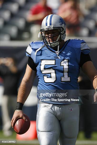 Dominic Raiola of the Detroit Lions participates in warm-ups before a game against the Chicago Bears on September 17, 2006 at Soldier Field Stadium...