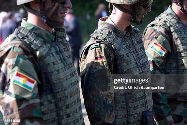 Training of Peshmerga soldiers on the antitank weapon Milan in the Infantry School Hammelburg. The Coats of Arms of Kurdistan and Germany on the...