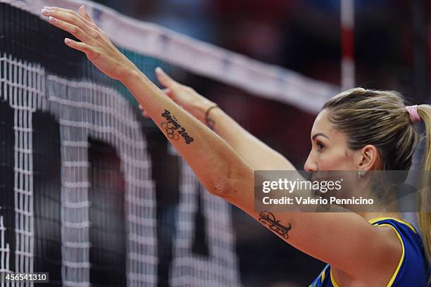 Thaisa Menezes of Brazil prepares during the FIVB Women's World Championship pool F match between Brazil and Netherlands on October 2, 2014 in...