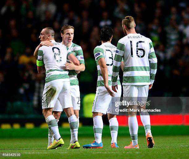 Celtic players congratulate one another after the 1-0 victory over Dinamo Zagreb during the UEFA Europa League group D match between Celtic and...