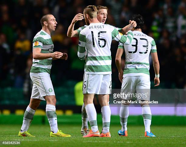 Celtic players congratulate one another after the 1-0 victory over Dinamo Zagreb during the UEFA Europa League group D match between Celtic and...