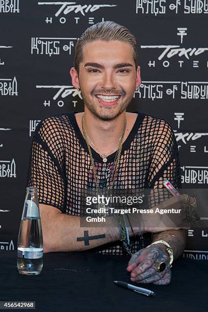 Bill Kaulitz attends the Tokio Hotel Press conference and photocall at Babylon on October 2, 2014 in Berlin, Germany. The new Tokio Hotel record...