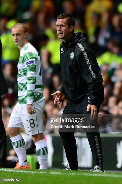 Celtic Manager Ronny Deila reacts during the UEFA Europa League group D match between Celtic and Dinamo Zagreb at Celtic Park on October 02, 2014 in...