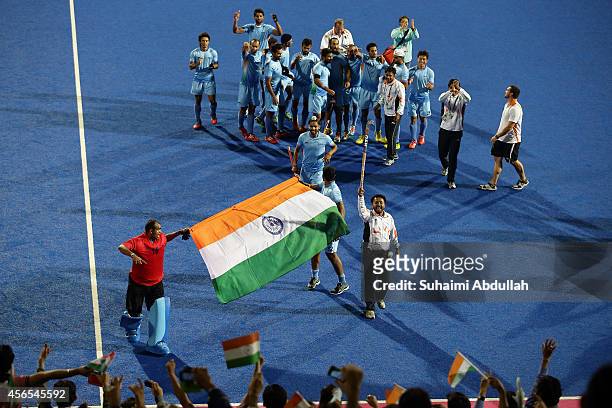 India players celebrate after defeating Pakistan during the men's gold medal match on day thirteen of the 2014 Asian Games between India and Pakistan...