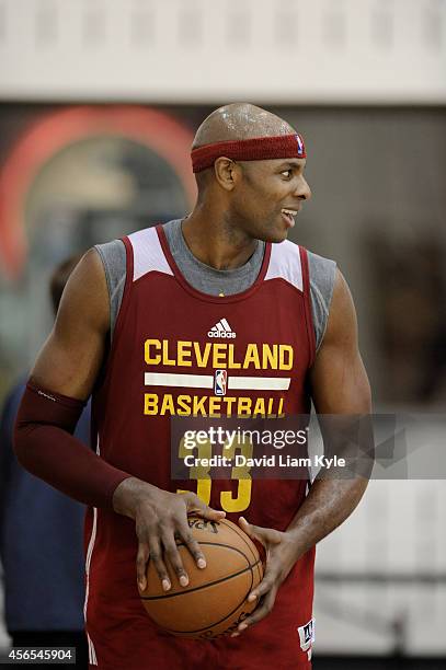 Brendan Haywood of the Cleveland Cavaliers handles the ball during a practice at The Cleveland Clinic Courts on September 30, 2014 in Independence,...