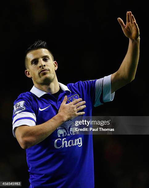 Kevin Mirallas of Everton celebrates scoring his team's fourth goal during the Barclays Premier League match between Everton and Fulham at Goodison...