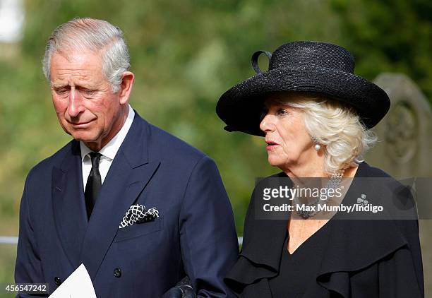 Prince Charles, Prince of Wales and Camilla, Duchess of Cornwall attend the funeral of Deborah, Dowager Duchess of Devonshire at St Peter's Church,...