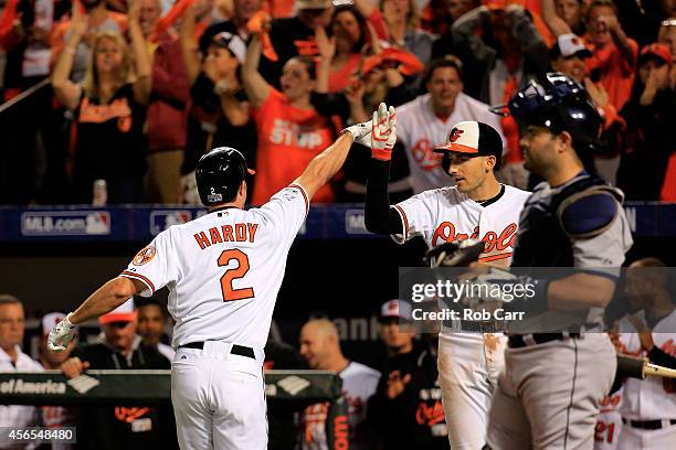 Hardy of the Baltimore Orioles celebrates with teammate Ryan Flaherty after hitting a solo home run in the seventh inning against Max Scherzer of the...