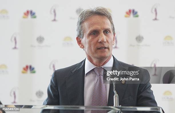 Mayor Of Doral Luigi Borgia speaks during Press Conference to announce the 63rd annual Miss Universe Pageant at Trump National Doral on October 2,...