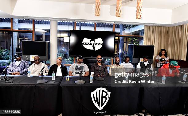 Rappers Ghostface Killah, Inspectah Deck, U-God, Raekwon, RZA, Masta Killa, GZA, Cappadonna and Method Man of the Wu-Tang Clan pose at a press...