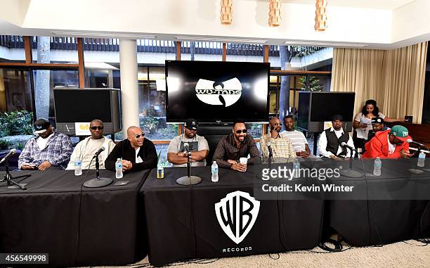 Rappers Ghostface Killah, Inspectah Deck, U-God, Raekwon, RZA, Masta Killa, GZA, Cappadonna and Method Man of the Wu-Tang Clan pose at a press...