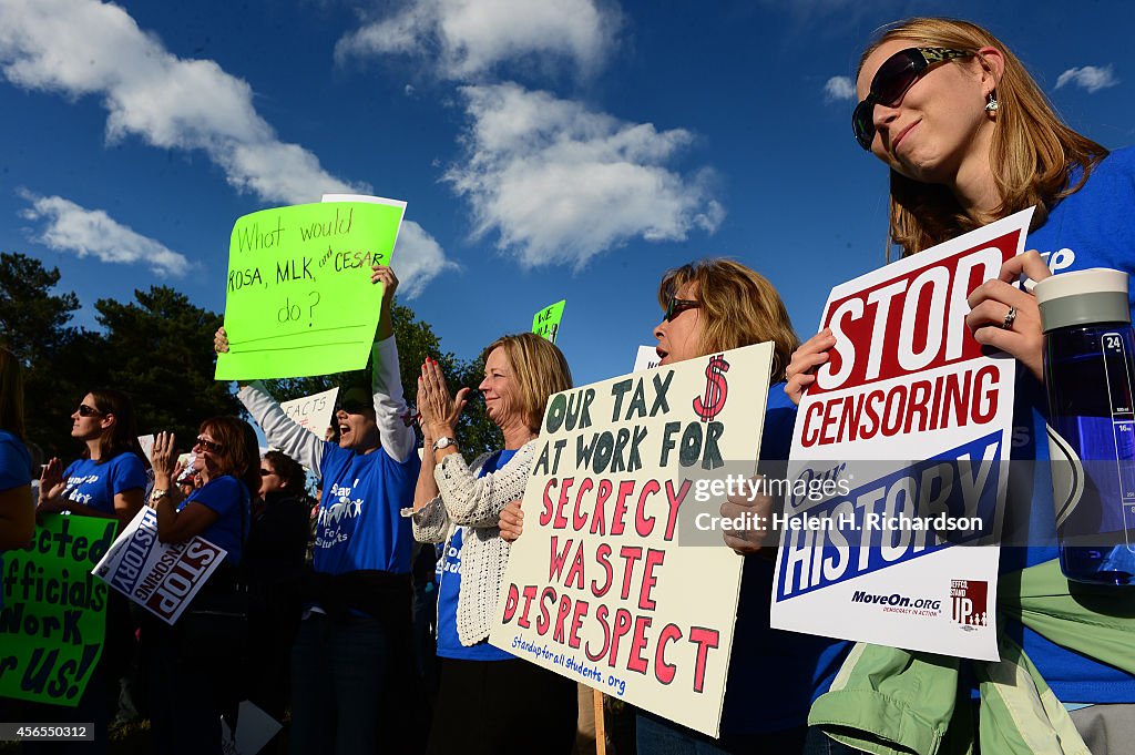 Jefferson County students, teachers and parents protest the Jeffco School boards' proposal for a curriculum review committee outside of the Jefferson County School district offices in Golden, CO.