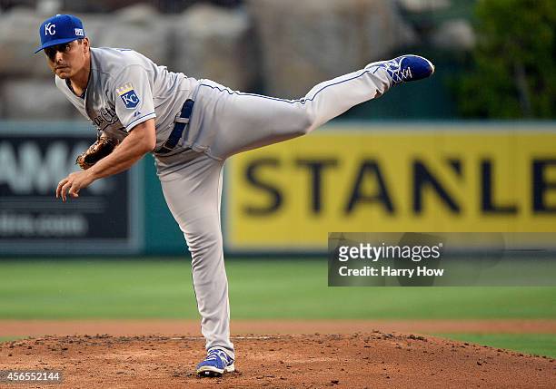Jason Vargas of the Kansas City Royals pitches against the Los Angeles Angels in the first inning during Game One of the American League Division...