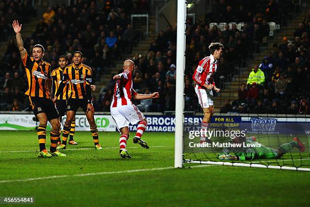 Stephen Ireland of Stoke City scores but has his goal ruled out for offside during the Barclays Premier League match between Hull City and Stoke City...