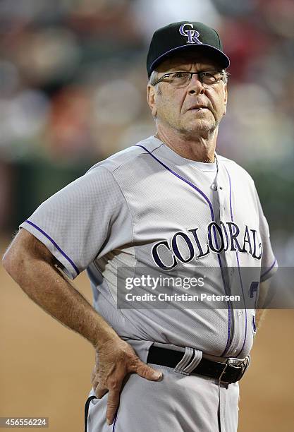 Coach Rene Lachemann of the Colorado Rockies during the MLB game against the Arizona Diamondbacks at Chase Field on August 10, 2014 in Phoenix,...