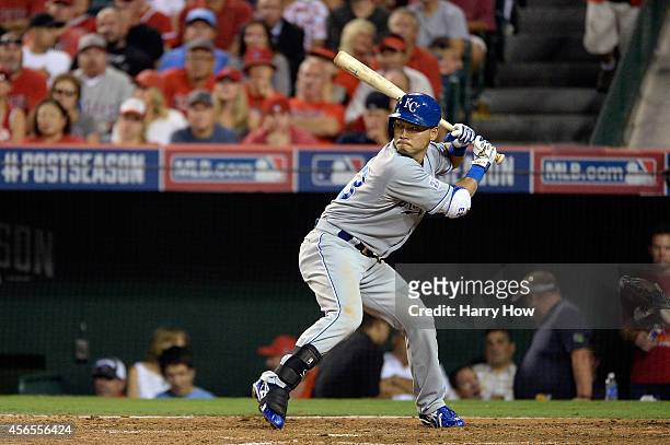 Norichika Aoki of the Kansas City Royals bats against the Los Angeles Angels in the sixth inning during Game One of the American League Division...
