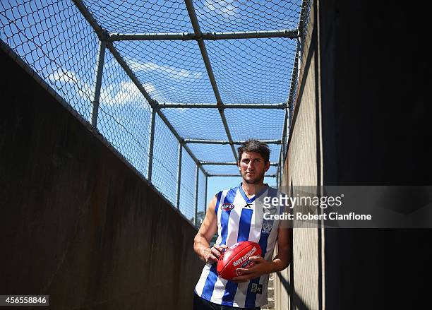 Jarrad Waite poses for a portrait after a North Melbourne Kangaroos AFL press conference at Arden Street Ground on October 3, 2014 in Melbourne,...