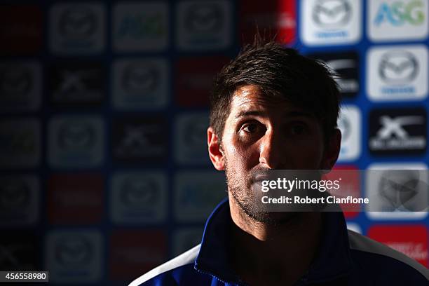 Jarrad Waite speaks to the media during a North Melbourne Kangaroos AFL press conference at Arden Street Ground on October 3, 2014 in Melbourne,...