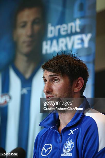 Jarrad Waite speaks to the media during a North Melbourne Kangaroos AFL press conference at Arden Street Ground on October 3, 2014 in Melbourne,...