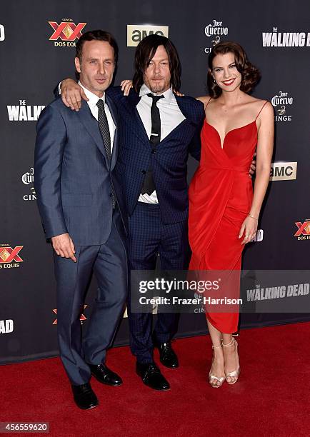 Actors Andrew Lincoln, Norman Reedus, and Lauren Cohan attend the season 5 premiere of "The Walking Dead" at AMC Universal City Walk on October 2,...