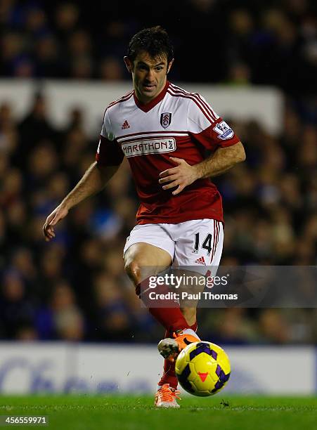 Giorgos Karagounis in action during the Barclays Premier League match between Everton and Fulham at Goodison Park on December 14, 2013 in Liverpool,...