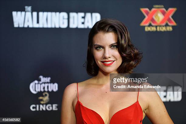 Actress Lauren Cohan arrives at the Season 5 premiere of AMC's "The Walking Dead" at AMC Universal City Walk on October 2, 2014 in Universal City,...
