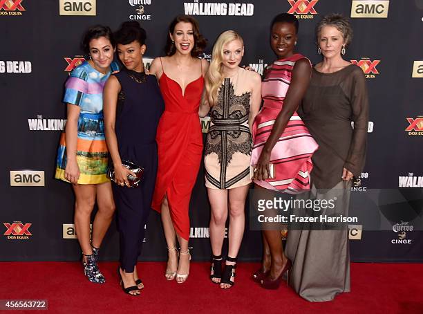 Actors Alanna Masterson, Sonequa Martin-Green, Lauren Cohan, Emily Kinney, Danai Gurira, and Melissa McBride attend the season 5 premiere of "The...