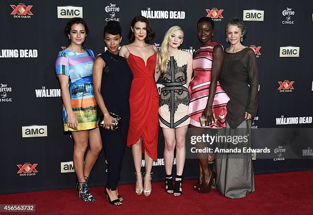 Actresses Alanna Masterson, Sonequa Martin-Green, Lauren Cohan, Emily Kinney, Danai Gurira and Melissa McBride arrive at the Season 5 premiere of...