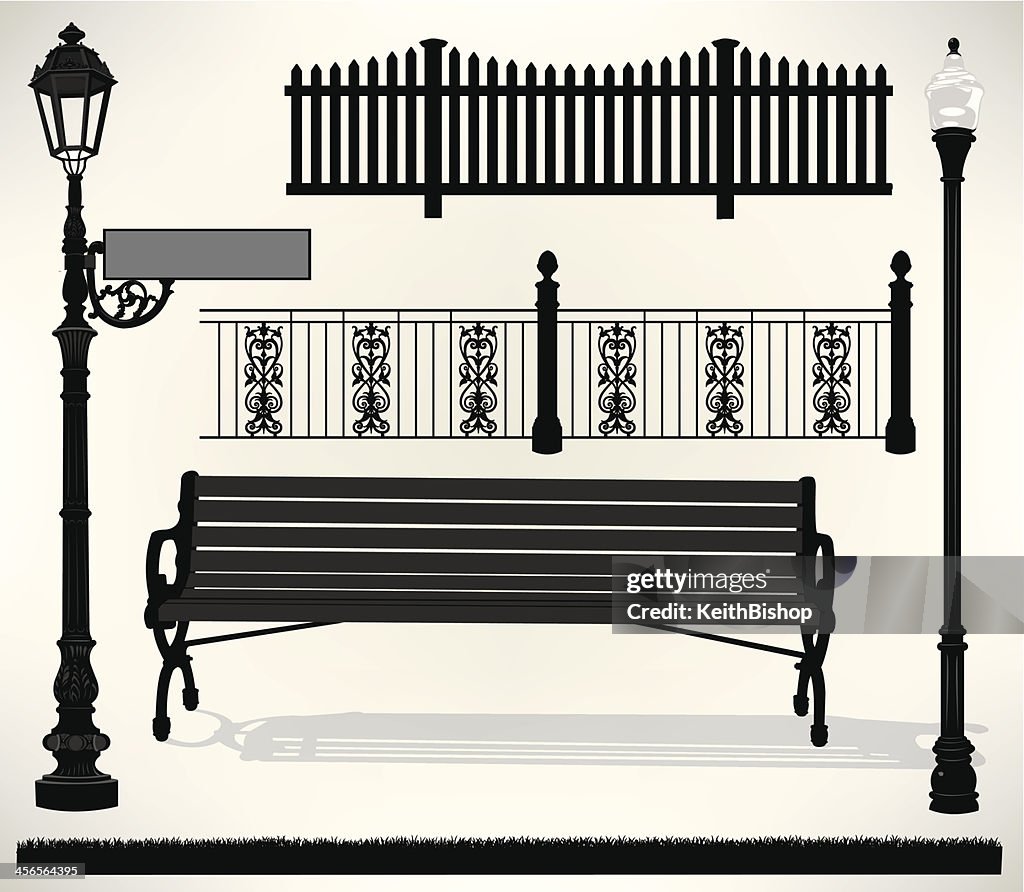 Park Bench Setting - Street Sign, Light, Fence