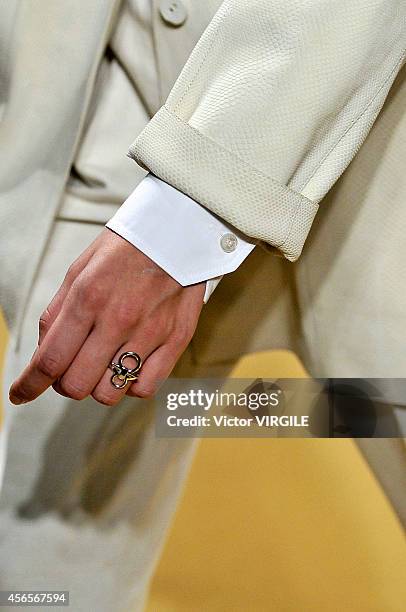 Model walks the runway during the Hermes Ready to Wear show as part of the Paris Fashion Week Womenswear Spring/Summer 2015 on October 1, 2014 in...