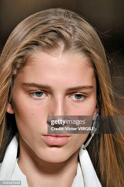 Model walks the runway during the Hermes Ready to Wear show as part of the Paris Fashion Week Womenswear Spring/Summer 2015 on October 1, 2014 in...