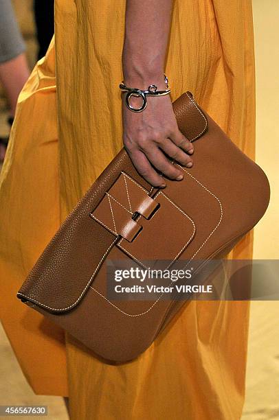 Model walks the runway during the Hermes Ready to Wear show as part of the Paris Fashion Week Womenswear Spring/Summer 2015 on October 1, 2014 in...