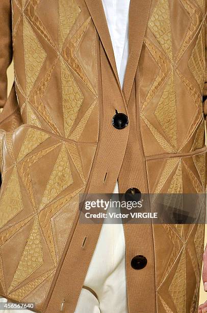 Model walks the runway during the Hermes Ready to Wear show as part of the Paris Fashion Week Womenswear Spring/Summer 2015 on October 1, 2014 in...